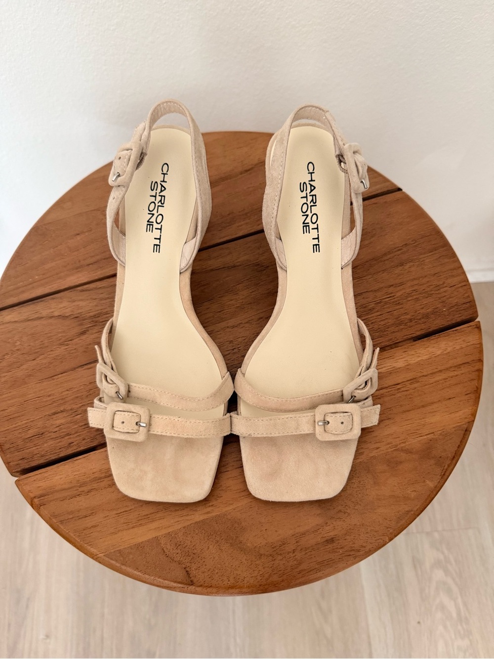 Charlotte Stone Blush Suede Square-Toe Slingback Heels